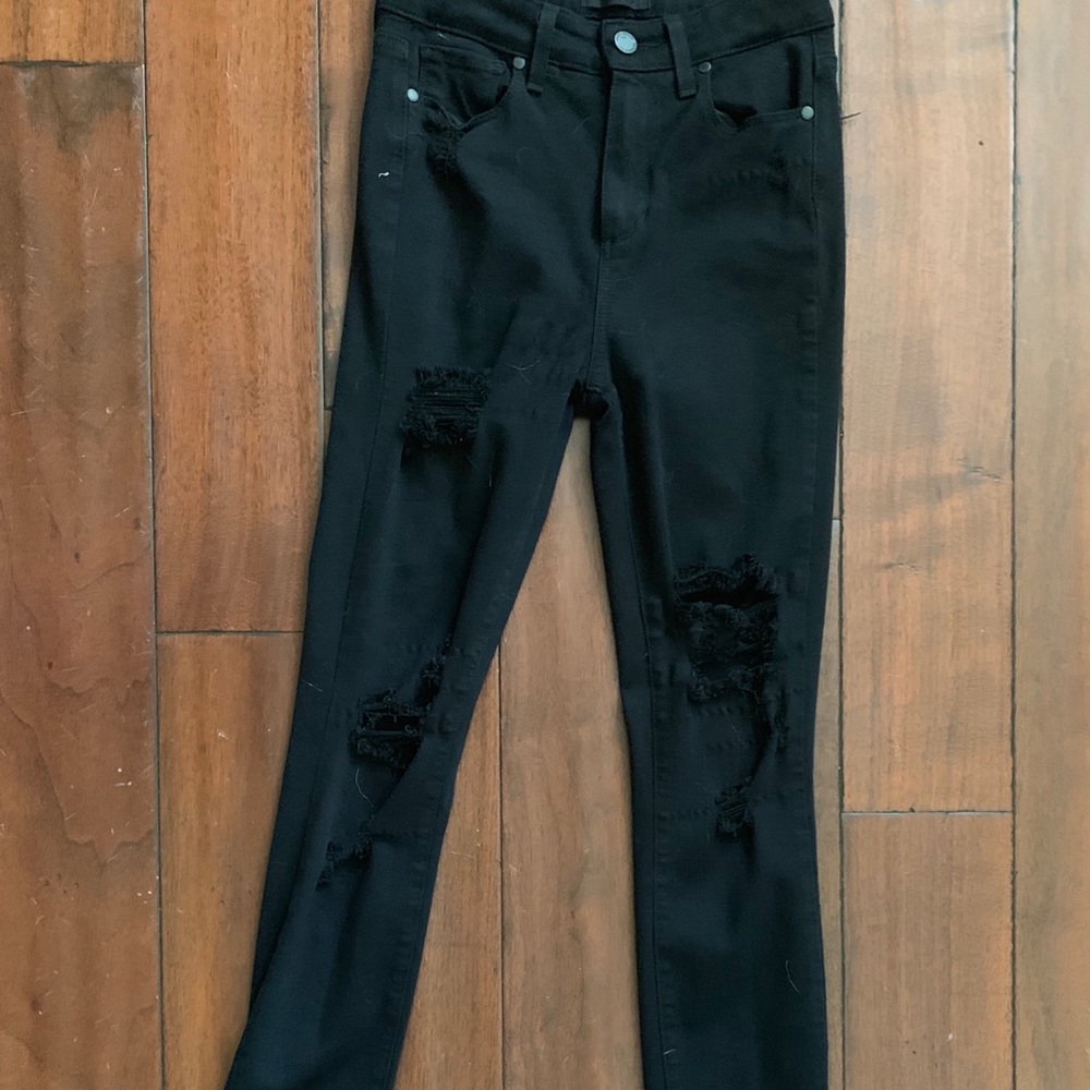 High Waisted Destroyed Black Jeans